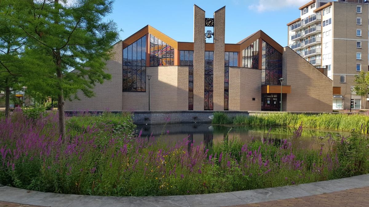 De Ichthuskerk aan het Vlietplein, gezien over de vijver met bloeiende kattenstaart
